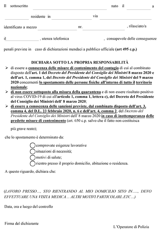 modelo de declaración por coronavirus en Italia modelo de declaración por coronavirus en Italia