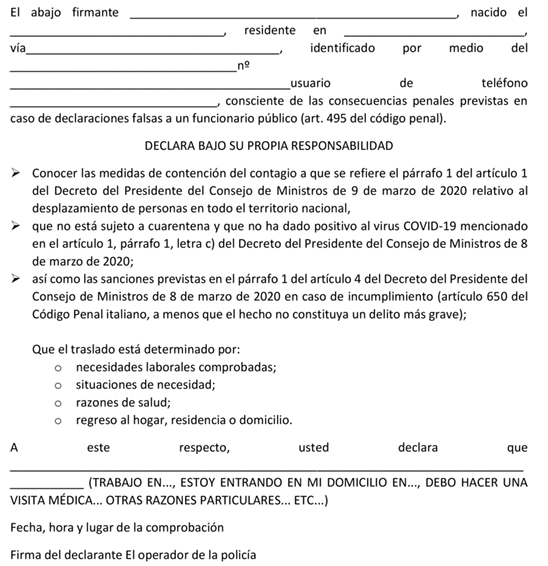 modelo de declaración por coronavirus en Italia modelo de declaración por coronavirus en Italia