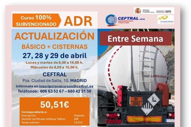 Curso ADR 100% Subvencionado en Madrid: Actualización Básico + Cisternas